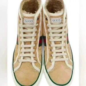 GUCCI Tennis 1977 High Top Sneaker Beige Suede/Shearling AUTHENTIC Size 10 US